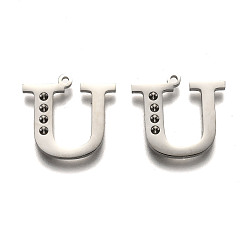 Letter U Anlaufgeschützt 304 Buchstabenanhänger aus Edelstahl mit Strass-Fassungen, letter.u, 16x17x1.5 mm, Bohrung: 1.2 mm, Passform von: 1.6mm Strass