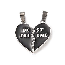 Черный Эмали сплава сплит подвески, сердце лучший друг очарование, платина, с магнитным, чёрные, 28.5x28x6 мм, отверстие : 7x4 мм