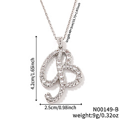 Letter B Элегантные модные латунные ожерелья с подвесками в виде алфавита из микропаве из прозрачных кубических цирконий, серебряный цвет гальваническим, В письме, 15.75 дюйм (40 см)