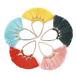 Gemischte Farbe Polyester Quaste Anhänger Dekorationen, mit Messing-Zubehör, Kreissektor Fächer, Licht Gold, Gemischte Farbe, 35~38x34~40x3 mm, Bohrung: 19x12 mm