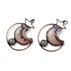 Розовый Кварц Подвески из натурального зеленого авантюрина и розового кварца из латуни со звездой и луной, обереги из драгоценных камней чакры, Красная медь, 65~66x49~50x14~15 мм, отверстие : 6 мм