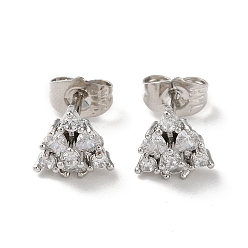 Platinum Brass Rhinestone Stud Earrings, Triangle, Platinum, 9x9.5mm
