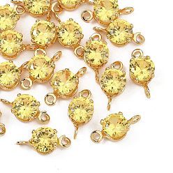 Yellow SHEGRACE Brass Pave Cubic Zirconia Flat Round Connector Charms, Cadmium Free & Nickel Free & Lead Free, Long-Lasting Plated, Real 18K Gold Plated, Yellow, 11x5x4mm, Hole: 1mm and 1.2mm