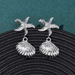 Нержавеющая Сталь Цвет 304 серьги-гвоздики в форме ракушки из нержавеющей стали с подвесками в виде морской звезды, цвет нержавеющей стали, 39x18.5 мм