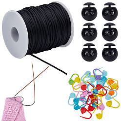 Черный 30шт. Экологически чистые держатели для маркеров для вязания и крючком из АБС-пластика, в комплекте: 1рулон синтетического резинового шнура и 6пластиковые фиксаторы шнура, чёрные, 22x11x3 мм, штифты : 1 мм