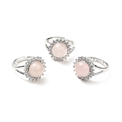Розовый Кварц Регулируемые кольца из натурального розового кварца, латунные кольца со стразами платинового тона для женщин, без кадмия и без свинца, размер США 8 (18.1 мм), 2.5~8 мм