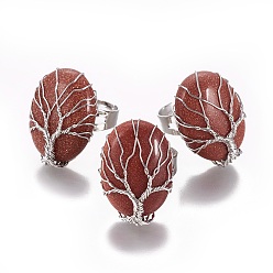 Камень с Пылевым Золотом Регулируемые синтетические золотые кольца перста, с латунной фурнитурой платинового цвета, овальные, Размер 8, 18 мм