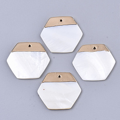 Seashell Color Natural Freshwater Shell Pendants, with Top Golden Plated Brass Findings, Hexagon, Seashell Color, 26.5x29.5x2mm, Hole: 1.2mm