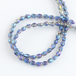 Mixed Color Electroplated Glass Bead Strands, Rainbow Plated, Faceted, teardrop, Mixed Color, 4~5x3~3.5mm, Hole: 1mm, about 100pcs/strand, 18.1 inch