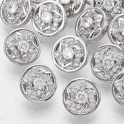 Platinum Brass Shank Buttons, with Micro Pave Cubic Zirconia, Flat Round with Star, Clear, Platinum, 10x7mm, Hole: 1.4mm