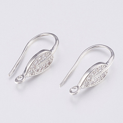 Platinum Brass Micro Pave Cubic Zirconia Earring Hooks, with Horizontal Loop, Leaf, Clear, Platinum, 21x6mm, Hole: 1.5mm, 20 Gauge, Pin: 0.8mm