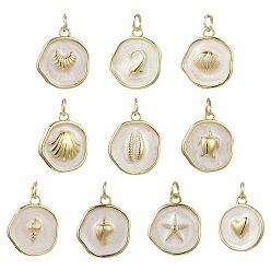 Mixed Shapes 10Pcs 10 Styles Ocean Brass Enamel Pendants, Flat Round Charms, with Jump Ring, Real 18K Gold Plated, Mixed Shapes, 16~18x14~15.5x3~3.5mm, Hole: 3mm, 1pc/style