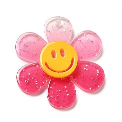 Deep Pink Gradient Color Transparent Acrylic Pendants, with Sequins, Sunflower with Smiling Face Charm, Deep Pink, 30x27x4mm, Hole: 1.6mm