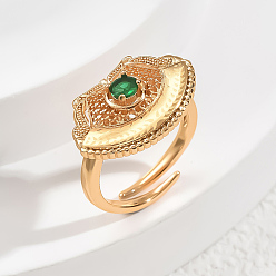 Зеленый Регулируемые кольца для женщин с латунным паве из кубического циркония, форма вентилятор, золотые, зелёные, 20x14 мм