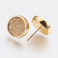 Goldenrod Brass Stud Earrings, with Druzy Resin Cabochon, Flat Round, Golden, Goldenrod, 15.5x14mm, Pin: 0.7mm