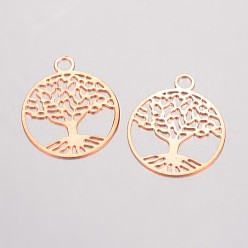 Розовое Золото Латунные филигранные подвески, плоские круглые с дерева жизни, розовое золото , 23.5x20x0.5 мм, отверстие : 3 мм