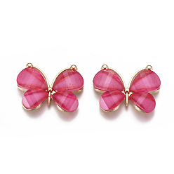 Fuchsia Alloy Pendants, with Resin, Faceted, Butterfly, Light Gold, Fuchsia, 21~22x28~29x4.5mm, Hole: 2.5mm.