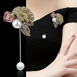 Темный Морско-зеленый Сплава брошь, с имитацией жемчуга и тканевой фурнитурой, темно-зеленый, 95x40 мм