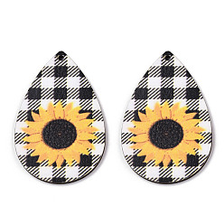 Tartan Single Face Sunflower Printed Wood Big Pendants, Teardrop Charm, Black, Tartan Pattern, 60x40x3mm, Hole: 2mm
