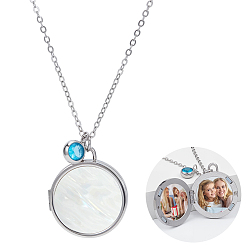 Нержавеющая Сталь Цвет Нержавеющая сталь pave натуральный белый ракушка плоский круглый магнитный медальон кулон ожерелья для женщин, с круглыми подвесками из кубического циркония, цвет нержавеющей стали, 17.99 дюйм (45.7 см)