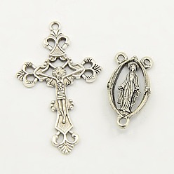 Antique Silver Link Chandelier Component Findings Center Piece Sets, Alloy Crucifix Cross Pendants and Virgin Links, For Easter Rosary Necklace Making, Lead Free, Antique Silver, Links: 13x25x3mm, Hole: 2mm, Cross: 26x43.5x3mm, Hole: 2mm