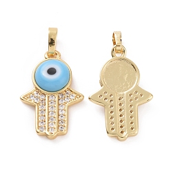 Светло-Голубой Латунные микро проложить кубического циркония подвески, с ручным злым Lampwork глаза, оберег на руку хамса, реальный 18 k позолоченный, Небесно-голубой, 23x15x4 мм, отверстие : 4x6.5 мм