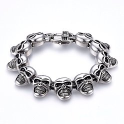 Antique Silver Retro 304 Stainless Steel Link Bracelets, with Lobster Claw Clasps, Skull, Antique Silver, 8-5/8 inch(22cm), 21x8mm