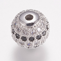 Platinum Brass Micro Pave Cubic Zirconia Beads, Round, Black, Platinum, 10mm, Hole: 2mm