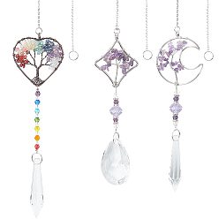 (52) Непрозрачная лаванда 3 шт 3 стиль чакра тема драгоценный камень кулон украшение, подвесной ловец солнца, с кольцами из латуни/нержавеющей стали и рамой из сплава ромб/луна/сердце, пуля и слеза, разноцветные, 391~430x2 мм, отверстие : 10 мм, 1 шт / стиль