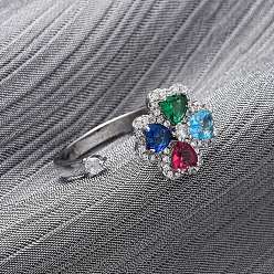 Платина Вращающиеся манжеты из латуни с микропаве из кубического циркония для женщин, клевер, платина, клевер: 13x13 мм, внутренний диаметр: 18 мм