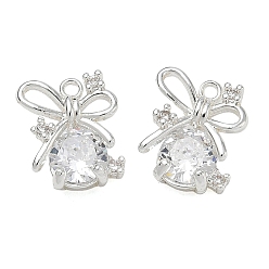 Silver Brass Micro Pave Clear Cubic Zirconia Charms, Bowknot & Round Charms, Silver, 10x9x4mm, Hole: 1mm