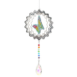 Mariposa Kits de pintura de diamantes de carillón de viento diy, incluyendo colgante de cristal, diamantes de imitación de resina, pluma, bandeja y arcilla de cola, patrón de mariposa, 470 mm