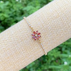Красный Латунь микро проложить кубический цирконий слайдер браслеты, браслеты для женщин, цветок, красные, 6-1/2~9-5/8 дюйм (16.5~24.5 см)