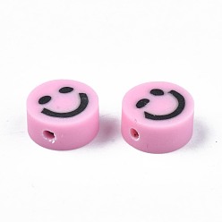 Pearl Pink Handmade Polymer Clay Beads, Flat Round with Smiling Face, Pearl Pink, 8~9x4mm, Hole: 1.5mm