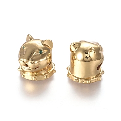 Real 18K Gold Plated Brass Micro Pave Cubic Zirconia Cougar Beads, Lion Head, Green, Real 18K Gold Plated, 14x14x14mm, Hole: 2.5mm
