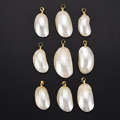 Golden Shell Pendants, with Brass Findings, Irregular Oval, Golden, 28~39x14~20x8.5~11mm, Hole: 4x4.5mm