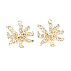 Plaqué 18K Or Véritable Pendentifs en laiton zircon cubique transparent, charmes de fleurs épanouies, réel 18 k plaqué or, 20.5x19.5x3.5mm, Trou: 1.2mm