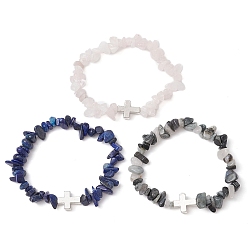Mixed Stone 3Pcs 3 Style Natural Mixed Gemstone Chips Beaded Stretch Bracelets Set, Alloy Cross Stackable Bracelets, Inner Diameter: 2-3/8 inch(6cm), 1Pc/set