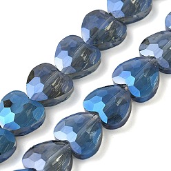 Синий Стеклянные бусины с гальваническим покрытием , полный Rianbow покрытием, граненые, сердце, синие, 9.5~10x9.5~10x4.5 мм, отверстие : 1 мм, около 44 шт / нитка, 15.87 дюйм (40.3 см)