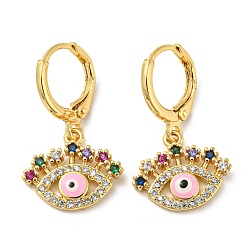 Pearl Pink Evil Eye Golden Brass Dangle Leverback Earrings, with Enamel and Cubic Zirconia, Pearl Pink, 25.5x15mm