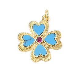 Plaqué 18K Or Véritable Pendentifs en laiton micro pave moyen violet zircone cubique rouge, avec turquoise synthétique, trèfle avec breloques en forme de cœur, crémaillère plaquage, plaqué longue durée, sans plomb et sans cadmium, réel 18 k plaqué or, 25x22x3mm, Trou: 3mm