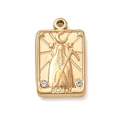 Oro 304 colgantes de acero inoxidable con micropavé de circonitas cúbicas transparentes, rectángulo con amuletos de la carta de la muerte, dorado, 16.5x10x2.5 mm, agujero: 0.9 mm