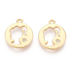 Настоящее золото 18K Латунные микропаве прозрачные подвески с фианитом, плоский круглый с девчачьими прелестями, без никеля , реальный 18 k позолоченный, 15x12.9x1.2 мм, отверстие : 1.4 мм