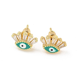 Green Evil Eye Golden Brass Stud Earrings, with Enamel and Clear Cubic Zirconia, Green, 7.5x11.5mm
