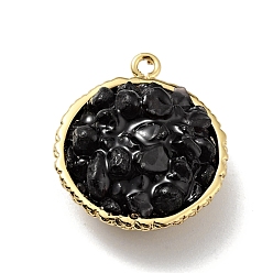 Обсидиан Подвески из натурального обсидиана, с реечным покрытием из латуни с покрытием из настоящего золота 18k, круглые, без кадмия, без никеля и без свинца, 24x20x10~13 мм, отверстие : 1.8 мм