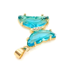 Deep Sky Blue Glass Pendants, with Brass Clear Micro Pave Cubic Zirconia, Butterfly, Golden, Deep Sky Blue, 24x21x4mm, Hole: 5.5x3.5mm