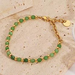 Агат + Хрусталь Женские браслеты из натуральных круглых бусин зеленого агата в богемном стиле, застежка из нержавеющей стали, реальный 18 k позолоченный, 6-1/4 дюйм (16 см)