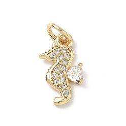 Sea Horse Латунные микропаве прозрачные подвески с фианитом, долговечный, стойки покрытие, без свинца и без кадмия, реальный 18 k позолоченный, морской конек, 14x8x3 мм, отверстие : 3 мм
