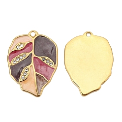 Сиена Подвески из нержавеющей стали со стразами, с эмалью, золотые, очарование листа, цвет охры, 21x11 мм, отверстие : 1.4 мм