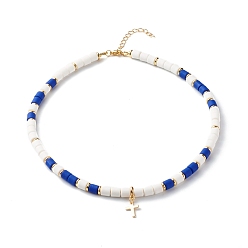 Dark Blue Polymer Clay Beaded Necklaces, with Brass Cross Pendant and Spacer Beads, Dark Blue, 16.54 inch(420mm)